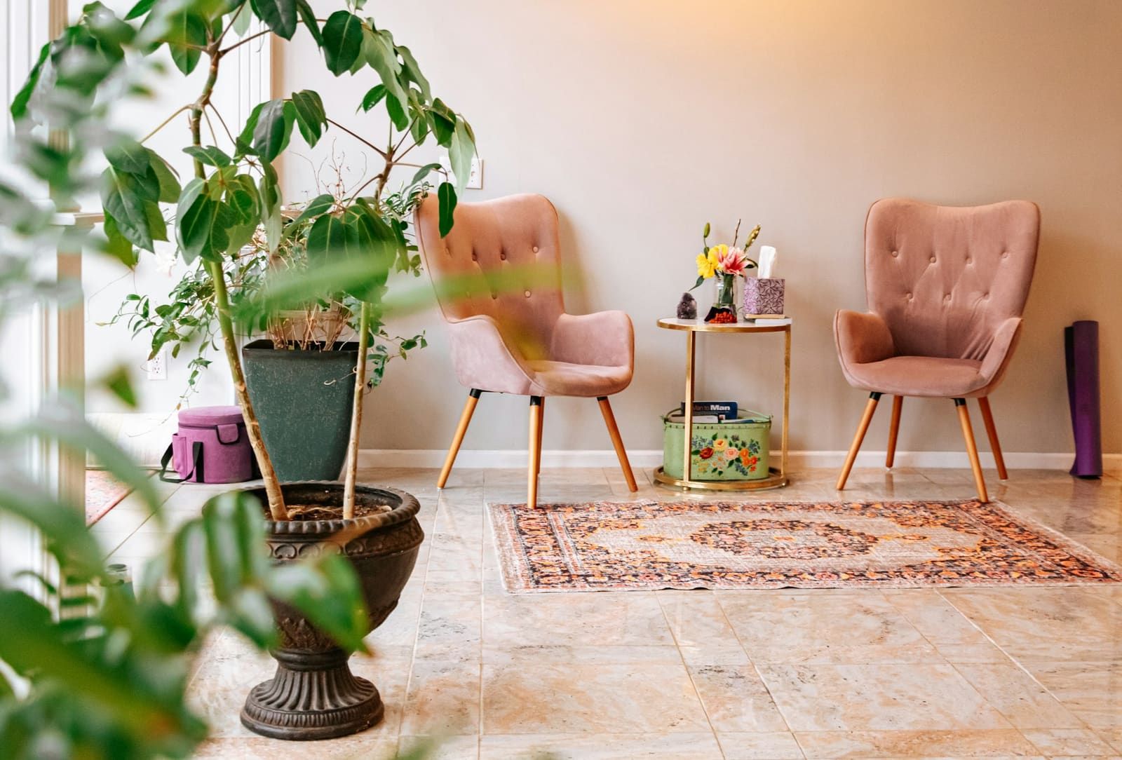 Coin salon avec deux fauteuils rose poudré, plantes vertes et tapis